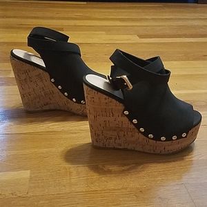 Ladies Cork with Black Pleather Platform Wedges